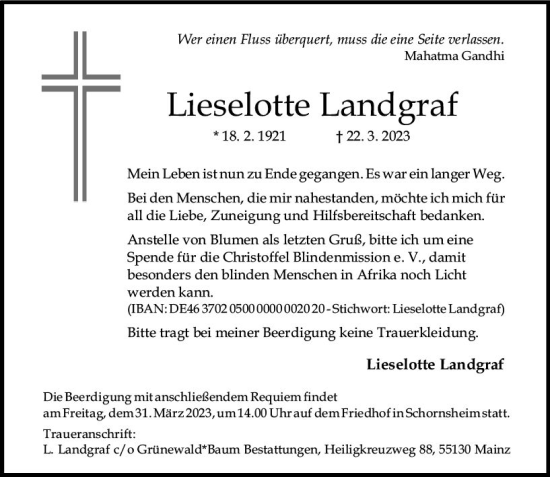 Traueranzeige von Lieselotte Landgraf von Allgemeine Zeitung Mainz