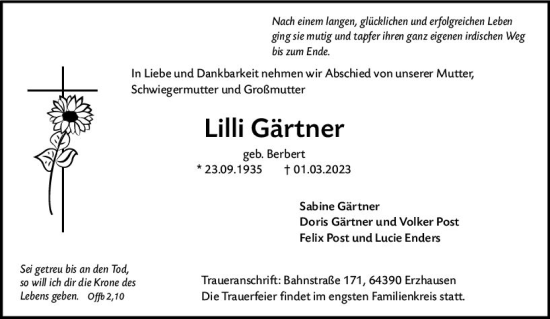 Traueranzeige von Lilli Gärtner von Darmstädter Echo