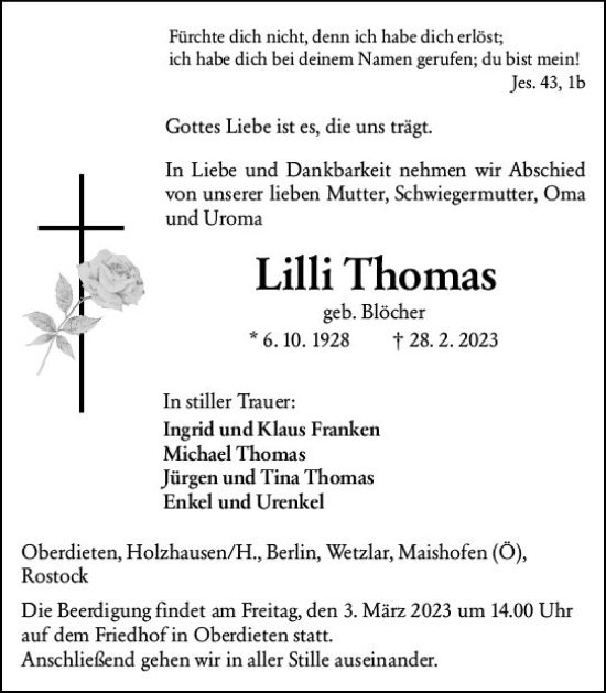 Traueranzeige von Lilli Thomas von Hinterländer Anzeiger