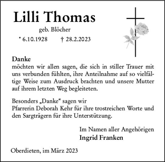 Traueranzeige von Lilli Thomas von Hinterländer Anzeiger