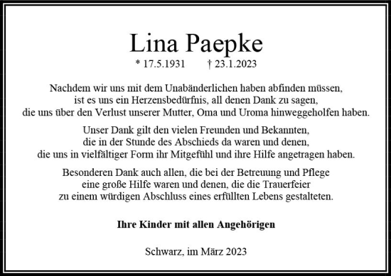 Traueranzeige von Lina Paepke von Oberhessen Kurier