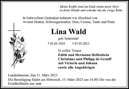 Traueranzeige von Lina Wald von VRM Trauer