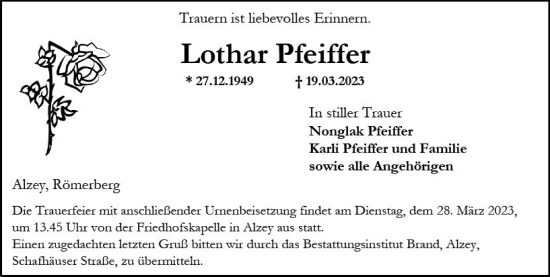 Traueranzeige von Lothar Pfeiffer von Allgemeine Zeitung Alzey