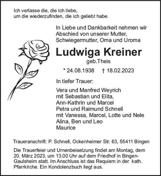 Traueranzeige von Ludwiga Kreiner von Bingen/Ingelheim WOBL inkl. Neue Binger Ztg.