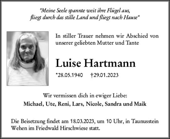 Traueranzeige von Luise Hartmann von Nassauische Neue Presse