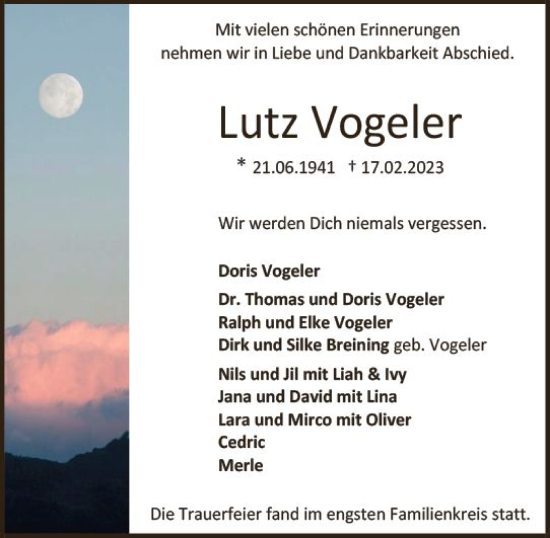 Traueranzeige von Lutz Vogeler von Darmstädter Echo