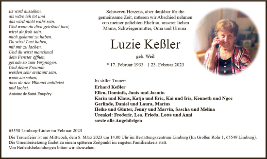 Traueranzeige von Luzie Keßler von Nassauische Neue Presse