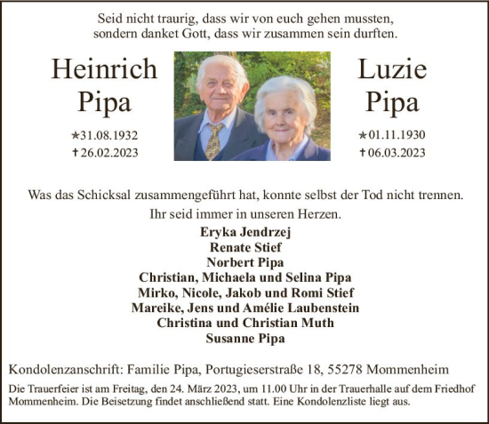 Traueranzeige von Luzie Pipa von Allgemeine Zeitung Mainz