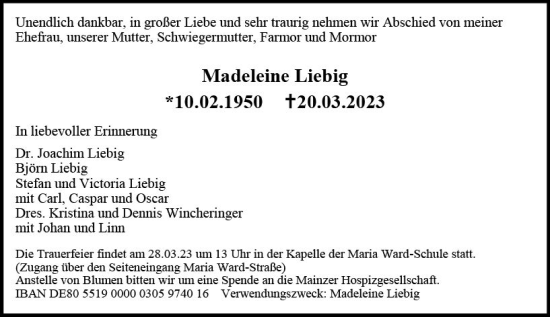 Traueranzeige von Madeleine Liebig von Allgemeine Zeitung Mainz Traueranzeige von Madeleine Liebig von Allgemeine Zeitung Mainz