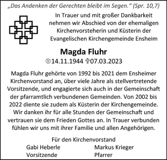 Traueranzeige von Magda Fluhr von Allgemeine Zeitung Alzey