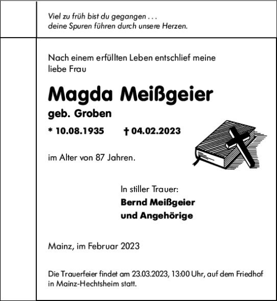 Traueranzeige von Magda Meißgeier von Allgemeine Zeitung Mainz