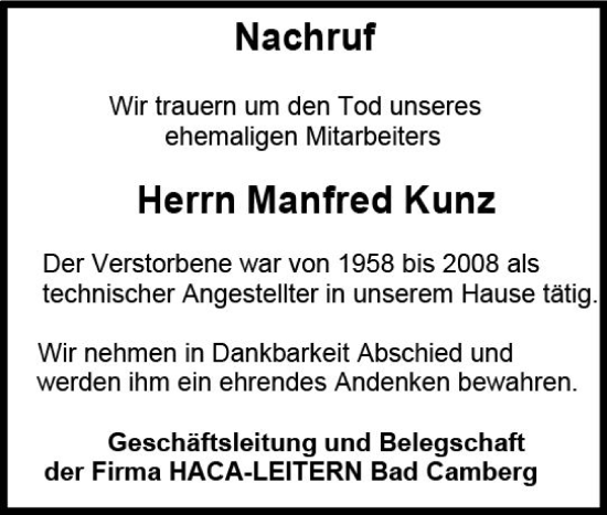 Traueranzeige von Manfred Kunz von Camberger Anzeiger
