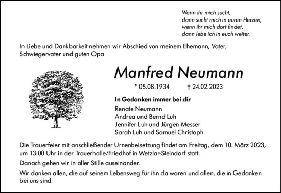 Traueranzeige von Manfred Neumann von Wetzlarer Neue Zeitung