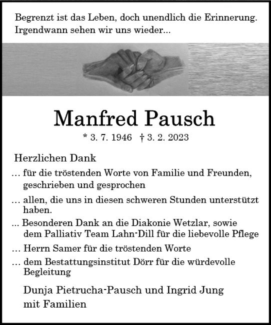 Traueranzeige von Manfred Pausch von Wetzlarer Neue Zeitung