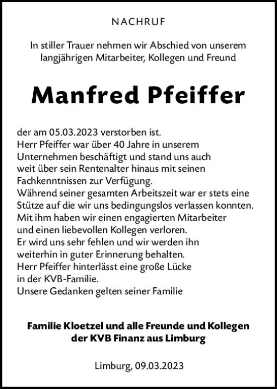 Traueranzeige von Manfred Pfeiffer von Nassauische Neue Presse