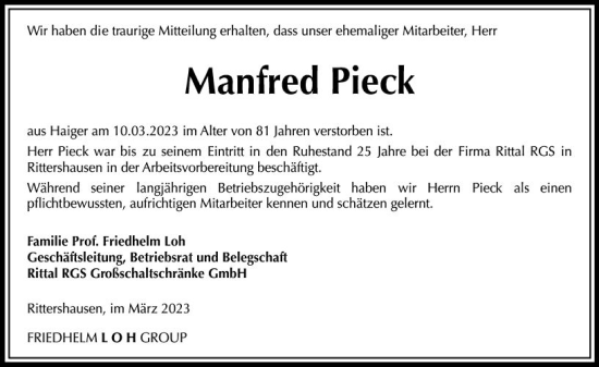 Traueranzeige von Manfred Pieck von Dill Block