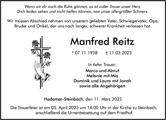 Traueranzeige von Manfred Reitz von Nassauische Neue Presse