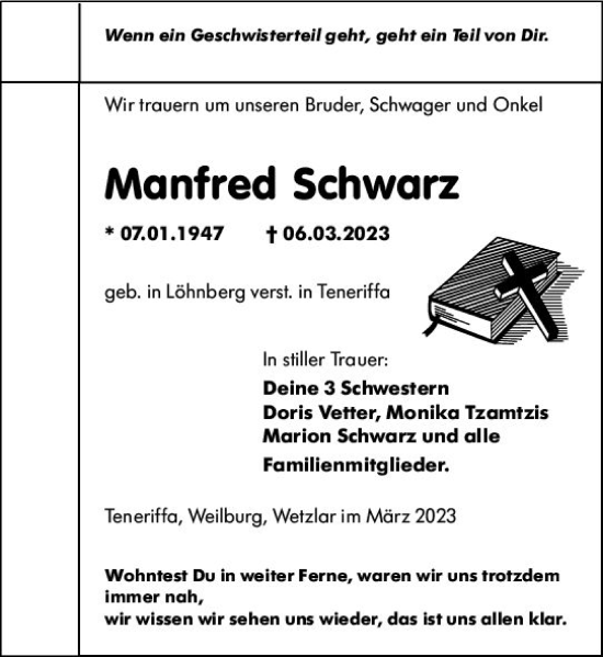 Traueranzeige von Manfred Schwarz von Weilburger Tageblatt