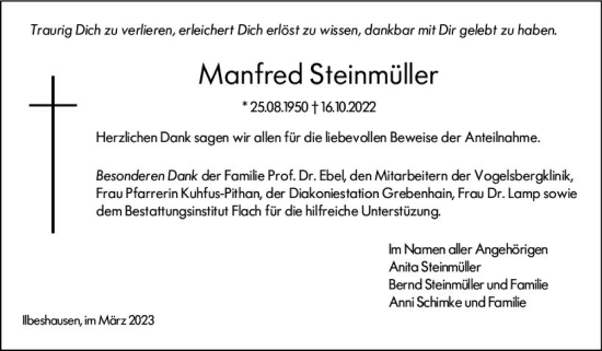 Traueranzeige von Manfred Steinmüller von Oberhessen Kurier