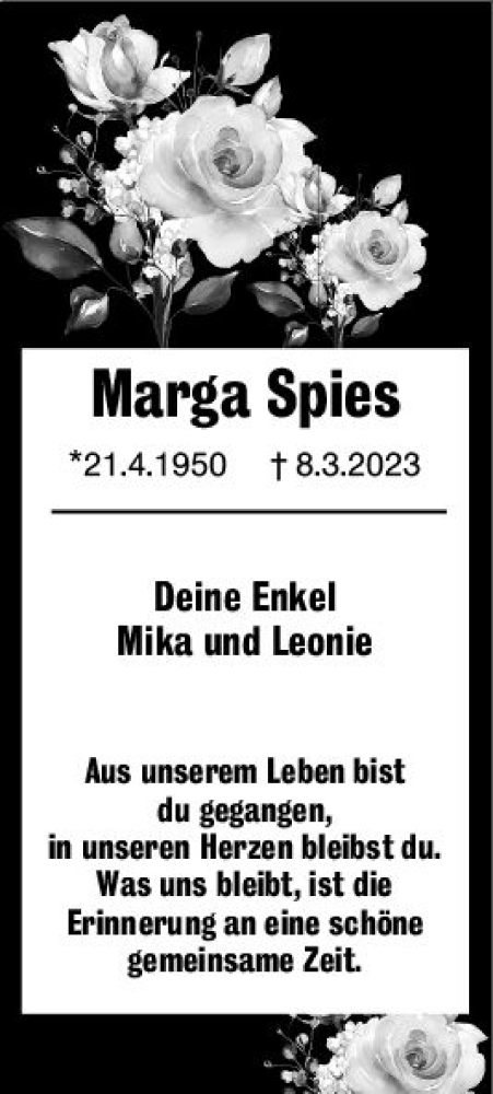 Traueranzeige von Marga Spies von Hinterländer Anzeiger