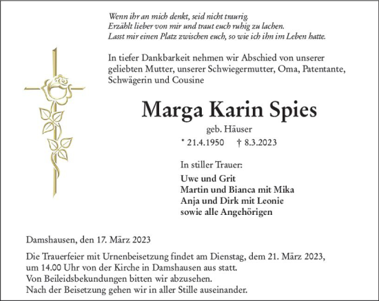 Traueranzeige von Marga Karin Spies von Hinterländer Anzeiger