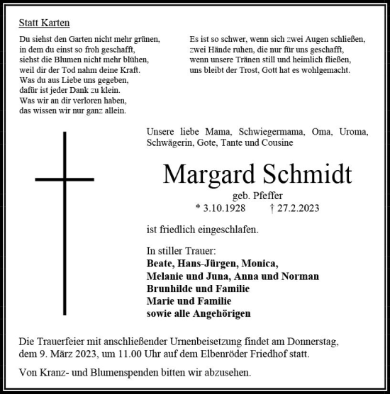 Traueranzeige von Margard Schmidt von VRM Trauer