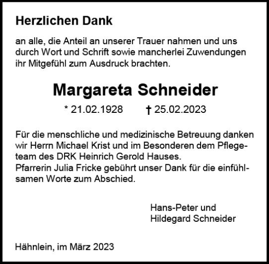 Traueranzeige von Margareta Schneider von Darmstädter Echo
