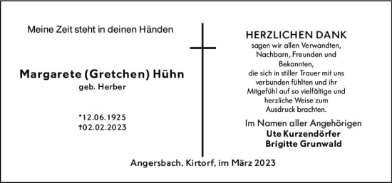 Traueranzeige von Margarete Hühn von VRM Trauer