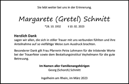 Traueranzeige von Margarete Schmitt von Allgemeine Zeitung Bingen/Ingelheim