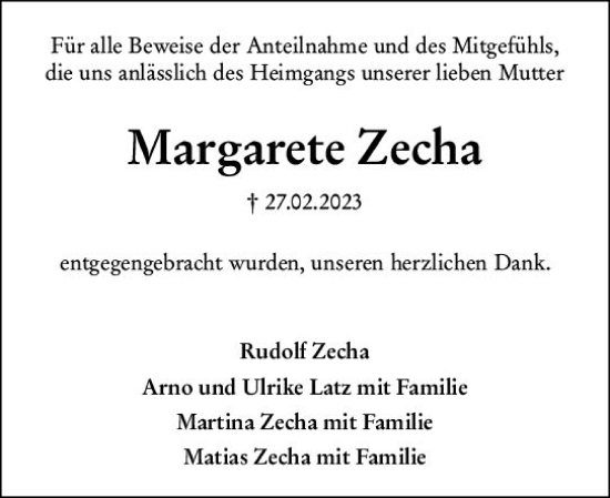 Traueranzeige von Margarete Zecha von Dill Block