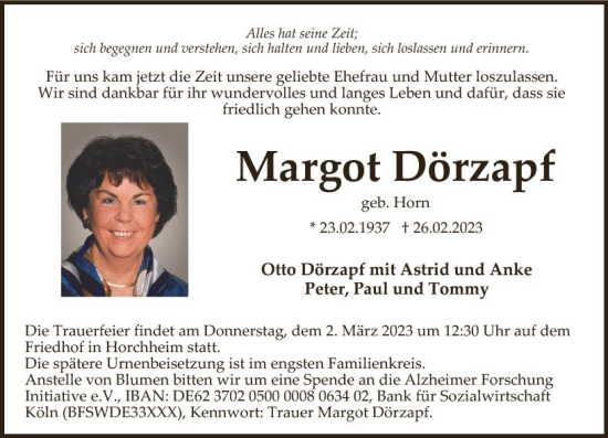 Traueranzeige von Margot Dörzapf von Wormser Zeitung