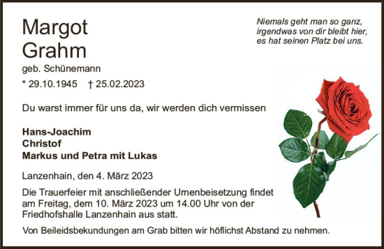 Traueranzeige von Margot Grahm von VRM Trauer