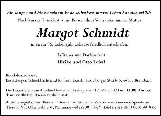 Traueranzeige von Margot Schmidt von Odenwälder Echo
