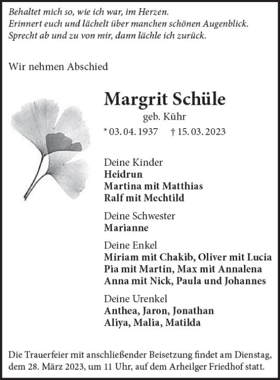 Traueranzeige von Margrit Schüle von Darmstädter Echo