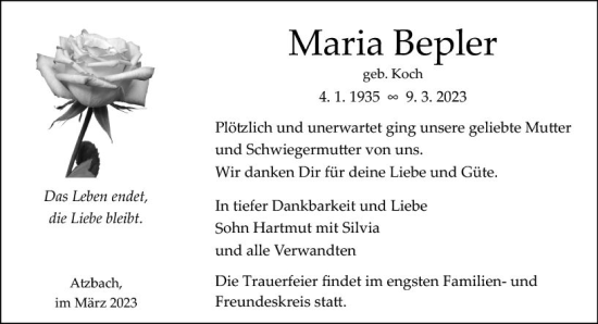 Traueranzeige von Maria Bepler von Wetzlarer Neue Zeitung