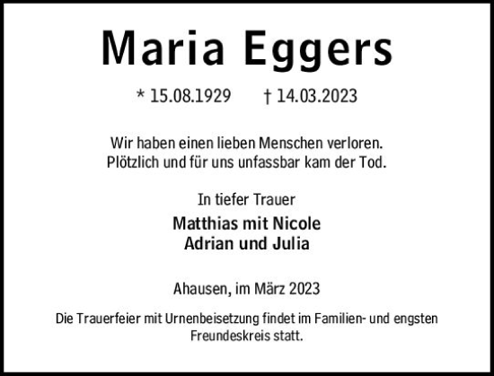Traueranzeige von Maria Eggers von Weilburger Tageblatt