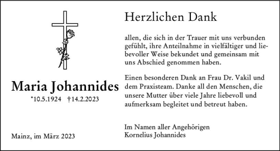 Traueranzeige von Maria Johannides von Allgemeine Zeitung Mainz