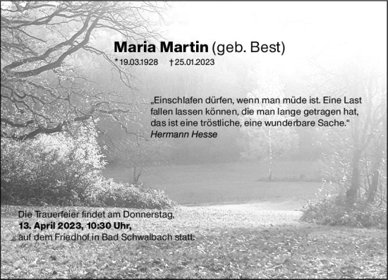 Traueranzeige von Maria Martin von Wiesbadener Kurier