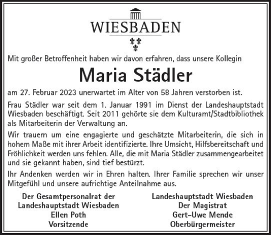 Traueranzeige von Maria Städler von Nassauische Neue Presse
