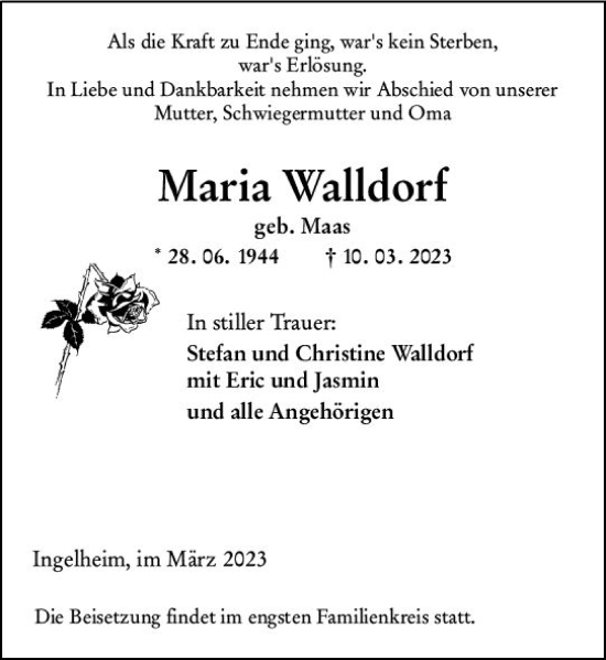 Traueranzeige von Maria Walldorf von Allgemeine Zeitung Bingen/Ingelheim