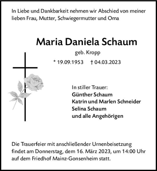 Traueranzeige von Maria Daniela Schaum von Allgemeine Zeitung Mainz