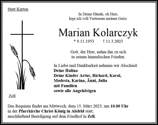 Traueranzeige von Marian Kolarczyk von VRM Trauer