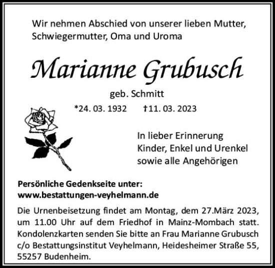 Traueranzeige von Marianne Grubusch von Allgemeine Zeitung Mainz