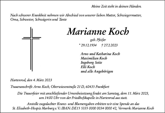 Traueranzeige von Marianne Koch von Hinterländer Anzeiger