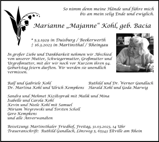 Traueranzeige von Marianne Kohl von Wiesbadener Kurier