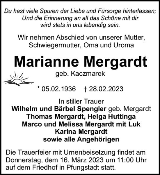 Traueranzeige von Marianne Mergardt von Wetzlarer Neue Zeitung