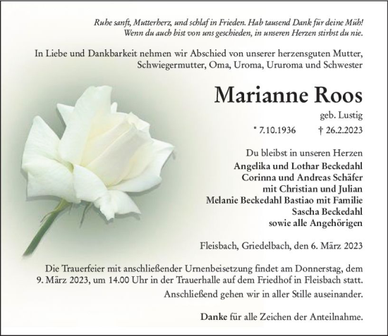 Traueranzeige von Marianne Roos von Dill Block