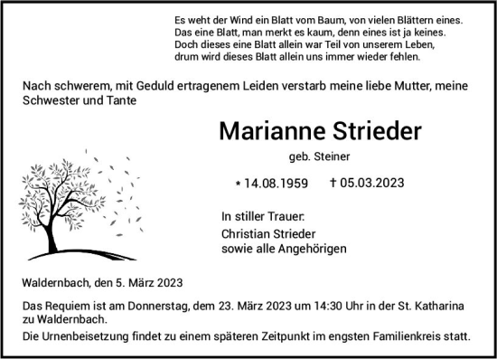 Traueranzeige von Marianne Strieder von Weilburger Tageblatt