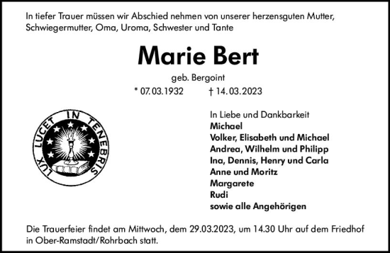 Traueranzeige von Marie Bert von Darmstädter Echo