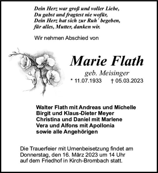 Traueranzeige von Marie Flath von Odenwälder Echo